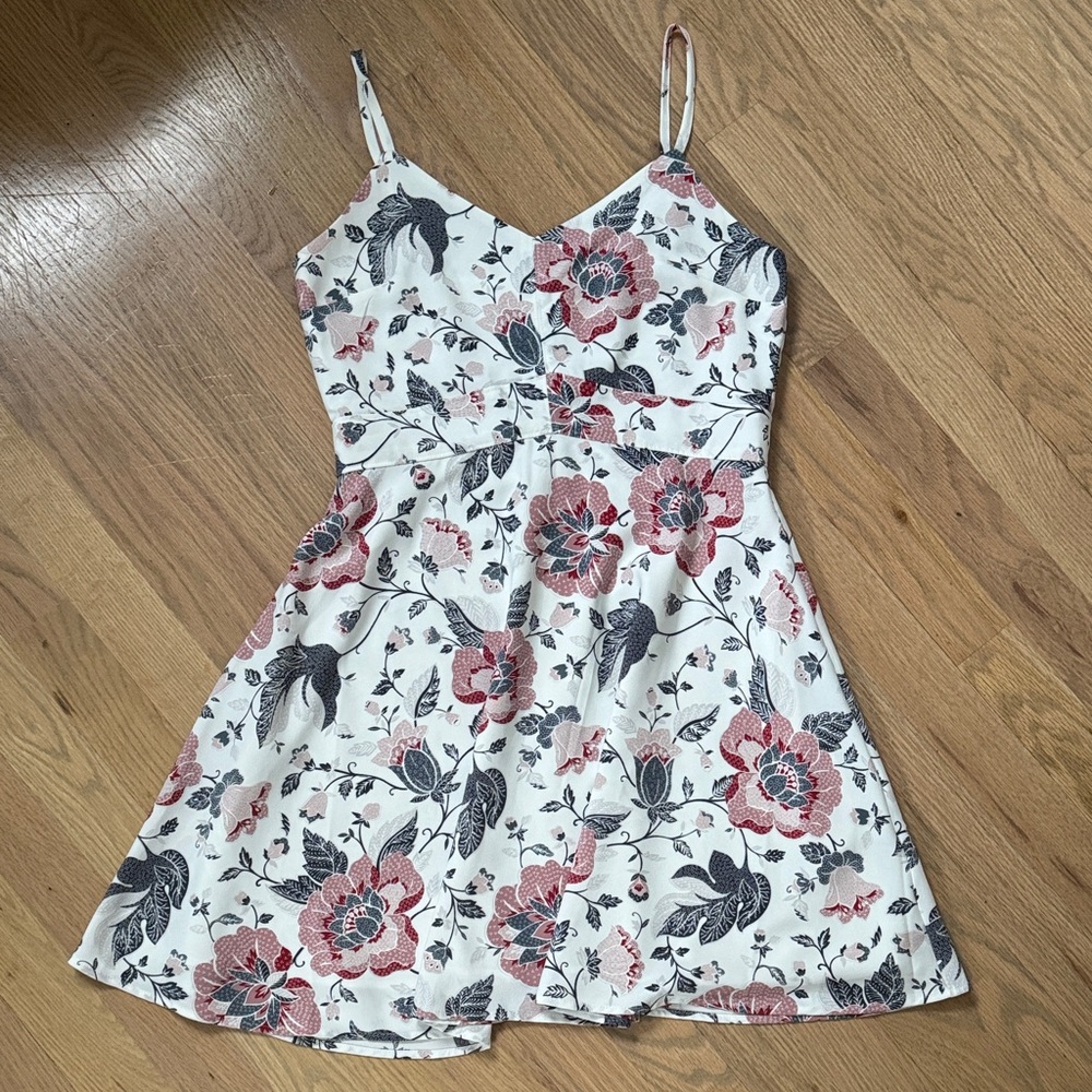 LOFT Floral Mini Dress in White with Red and Blue
